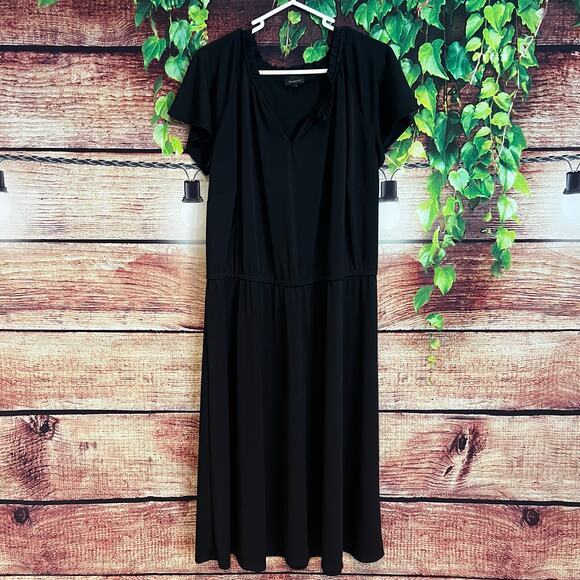 Talbots Midi Dress XL Black Short Sleeve Ruffle V Neck Stretchy Flowy - Picture 2 of 5